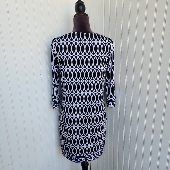 Mud Pie Tunic Dress Black White Geometric Print V Neck Balloon Sleeve Shif S 4-6 - Picture 6 of 10